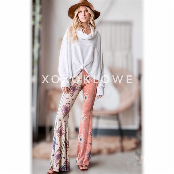 Aztec Print Half & Half Bell Bottom Flares High Waist Slim Fit - Picture 9 of 15